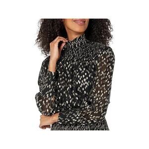 Milly Vicky Gold Metallic Dot Clip Blouse Smocked Black Sz S Cocktail Party Top